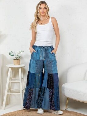 NWT Young Threads Boho Tiered Denim Patchwork Pants